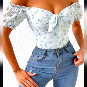 Floral Print Off Shoulder Knot Front Lace Bodysuit